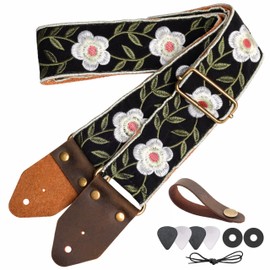 Nefelibata Guitar Strap,Crazy Horse Leather Jacquard Embroidery Cotton Guitar Straps for Bass, Electric & Acoustic, Best Gifts for Guitarists(Retro White Petals)