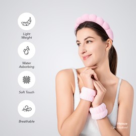 Spa Headband and Wristbands for Women Girls, Face Washing Skincare Hair Band, Terry Towel Cloth Soft Sponge Headwear Makeup Removal, Bubble Head Band, Absorbent Non Slip Thick Hair Accessory (Pink)