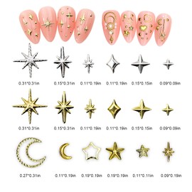 SILPECWEE 600Pcs Star Nail Charms for Nail Art, 3D Gold Silver Star and Moon Nail Art Charms Metallic Studs Rhinestones Stars Nail Jewelry Decorations Nail Accessories for Women Girls Acrylic Nails