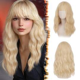 BARSDAR 46 cm Wavy Blonde Wig with Fringe, Medium Long Blonde Wig with Fringe for Women, Heat Resistant Curly Synthetic Shoulder Length Wig, Cosplay Party, Light Blonde
