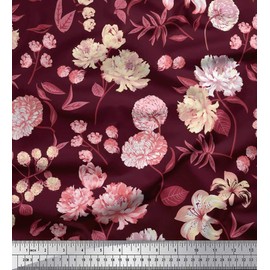 Soimoi Red Rayon Fabric Leaves & Artistic Floral Decor Fabric Printed BTY 56 Inch Wide
