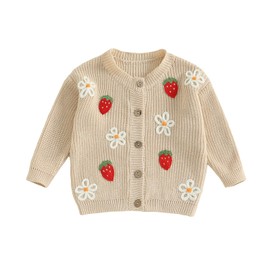 XIXIMAON Toddler Baby Girl Cardigan Strawberry Flower Embroidery Long Sleeve Button Up Knitted Sweater Kids Girls Knitwear Tops Newborn Winter Clothes (Beige, 6-12 Months)