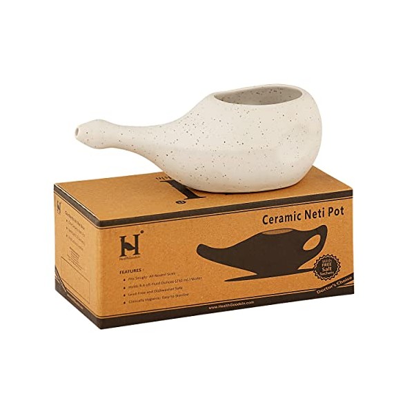 HealthGoodsIn Ceramic Neti Pot with Salt, Premium Handcrafted for Nasal Cleansing, Dishwasher Safe 225 Ml. - Dotted Ivory