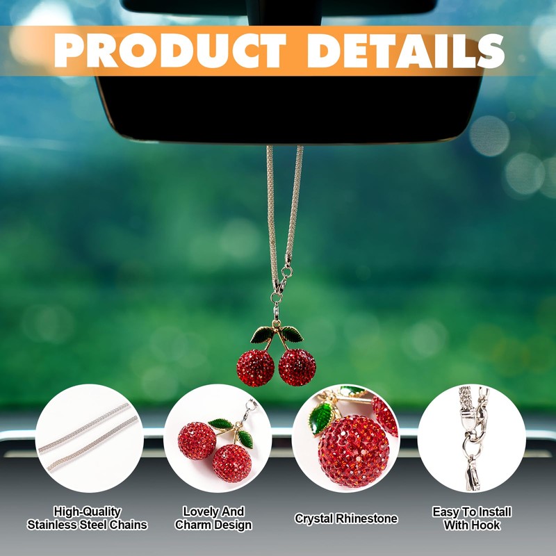 Rislobx Crystal Cherry Car Hanging Ornament, Bling Cherry Car Charms