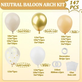 147pcs White Sand Metallic Champagne Gold Balloons Garland Arch Kit, Different Sizes with Beige Cream Champagne Gold Latex Metallic Confetti Balloons for Baby Shower Birthday Party Decorations