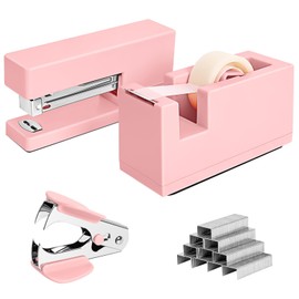 1 Desktop Stapler & 1 Tape Dispenser - 25 Sheet Capacity with 830 Staples and Staple Remover, Non-Slip for Office,School, Home & Classroom, Pink(Tape not Included)