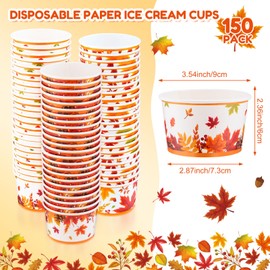 150 Pieces Thanksgiving Leaves Treat Snack Cups 8 oz Happy Fall Party Supplies Fall Maple Leaf Ice Cream Cups Harvest Disposable Paper Soup Bowls for Autumn Birthday Party Baby Shower Decoration