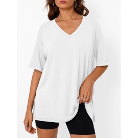 Trendy Queen Oversized Tshirts for Women Workout Plus Size Tops V Neck Short Sleeve Tunic Side Slit Outing T Shirts 2025 Spring Summer Casual Clothes Loose Fit Basic Tees Beach Vacation White 3XL