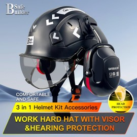 SAFEBUILDER Hard Hat with Visor Ear Muffs Safety Helmet Lightweight Adjustable Vented Work Helmet 6-Point Suspension ANSI Z89.1 Approved Construction Head Protection (Black+Tinted Visor+B&R 07E)
