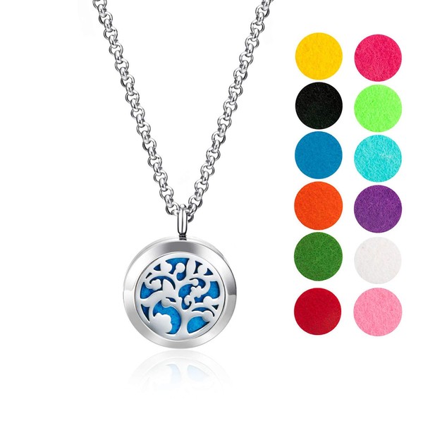 Wild Essentials Arbol Tree of Life Essential Oil Diffuser Necklace, Stainless Steel Locket Pendant with 24 inch Chain, 12 Color Refill Pads, Customizable Color Changing Perfume Jewelry, Aromatherapy