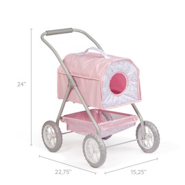 JC Toys - Berenguer Boutique | Deluxe Folding Pet Stroller | Pink Floral Collection | Removable Pet Carrier for Dolls and Plush | Ages 3+