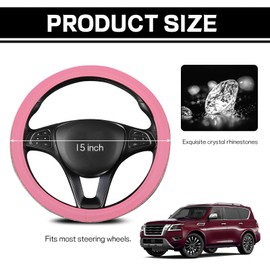 Ongfuwu Bling Diamond Leather Steering Wheel Cover, Sparkly Crystal Rhinestones Auto Wheel Protector for Women Girls, Universal Fit 14-15 inch Steering Wheel, Bling Car Accessories (Pink+White)