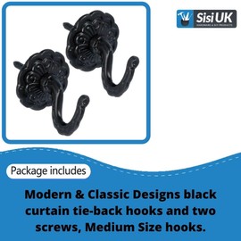 Black Curtain Tie Back Hooks Modern & Classic Designs Screw In Tassel Hold Rosette Hook U Shaped Curtain Tie Hooks Ball End Curtain Holdbacks Hooks for Curtains Clothes Coat Hanger Hook Pack of 2.