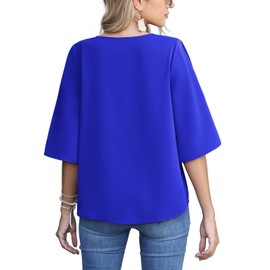 AWULIFFAN Women's Casual V Neck Batwing Sleeve Tops Tie Knot Chiffon Button Down Shirts (Royal Blue,Large)