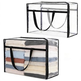 Nozefy 60L Clear Storage Bags Plastic Blanket Storage Bag Foldable Moving Organizers Containers with Zipper for Bedding Blanket Clothes Under Bed Holder - 2 Pcs