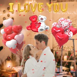 Valentines Day Balloons Kit, I Love You Balloons Love-Bear Heart Balloons Red Heart Balloons 500Pcs Red Rose Petals for Wedding Anniversary Valentines Party Decorations Supplies