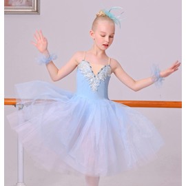 ORIDOOR Girl's Camisole Skirted Leotards Swan Dance Performance Costumes Sequin Lace Ballet Tutu Skirt Dress, 02-blue, 10-11 Years