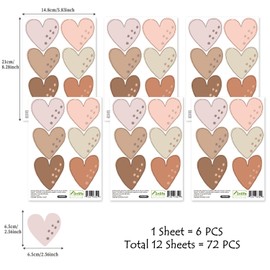 funlife 72 PCS Boho Wall Decals Peel and Stick, Muted Boho Hearts with Spottes Wall Stickers, Pastel Hearts Wall Art Stickers for Kids Room Bedroom Playroom Nursery Room, 2.56" x 2.56"