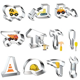 11PCS Construction Cookie Cutters Set, Excavator, Bulldozer, Dump Truck, Crane, Hammer, Wrench, Drill, Safety Helmet Construction Tools Cutters Molds Set for Construction Themed Party
