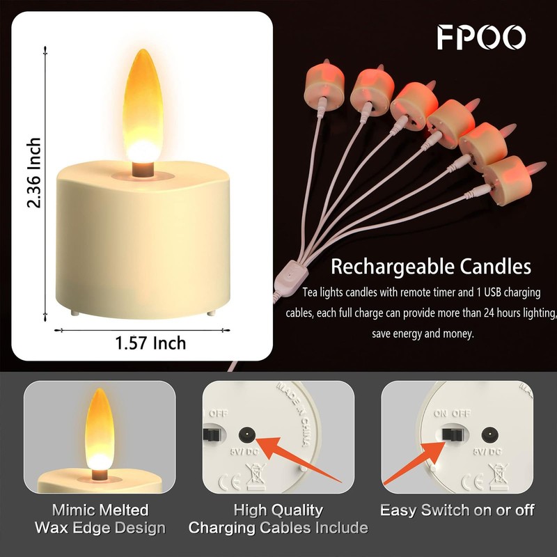 FPOO LED Rechargeable Tea Lights Candles with Remote, 6 pcs