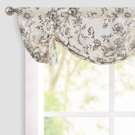 jinchan Tie Up Valance Floral Linen for Windows Farmhouse Valance 24 Inch Peonies Botanical Short Window Treatment Adjustable for Kitchen Living Room Light Filtering 1 Panel Black on Beige