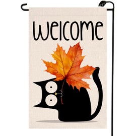 Welcome Fall Black Cat Maple Leaf Garden Flag 12x18 Inch Double Sided for Outside Thanksgiving Autumn Seasonal Farmhouse Outside Decoration for Yard QJ60
