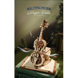 ROBOTIME AMK63 3D Puzzles for Adults, Mechanical Wooden Music Box Puzzle Kit, Magic Cello Model Kits to Build, Unique Gift for Her/Him Aesthetic Desk Decoration