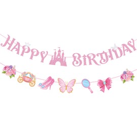 GZDUCK Princess Happy Birthday Banner for Girls- Pink Princess Birthday Party Decorations, Pink Happy Birthday Banner with Castle, Crown for Girl 1st 2nd 3rd Birthday Baby Shower Decorations