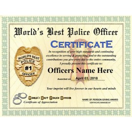 Worlds Best Police Officer Certificate Award - Custom Printed by us with Any Name & Date - 8.5 by 11 inches - Free Certificate Folder Included - Perfect Gift for Any Exceptional Officer