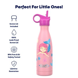 SHO Kids Bottle - Ultimate Insulated, Double Walled Stainless Steel Vacuum Flask & Water Bottle - 12 Hours Hot & 24 Hours Cold - 260ml, 375ml - BPA Free (Mermaid at Heart with Straw Lid, 375ml)