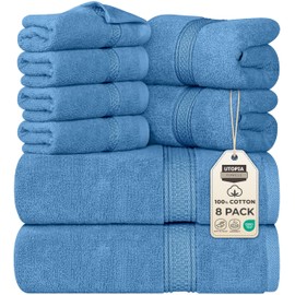 Utopia Towels 8 Piece Premium Towel Set, 2 Bath, 2 Hand, and 4 Wash Cloths, 600 GSM 100% Ring Spun Cotton, Highly Absorbent Towels for Bathroom, Gym, Hotel, and Spa, Electric Blue