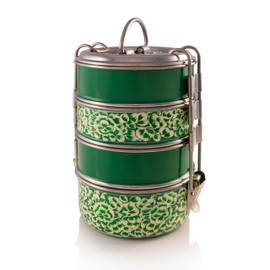 4 Tier Green Handpainted Tiffin by Waswan Enamelware Collection from Indian-Tiffin