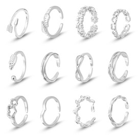 Ouligay 12PCS Toe Rings for Women Non Tarnish Silver Adjustable Toe Rings Set with Open Flower Toe Ring, Copper Crafted, Perfect Summer Beach Jewelry