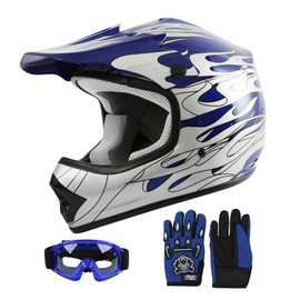SLMOTO Dot Youth and Kids Motocross Offroad Street Helmet Motorcycle Helmet Dirt Bike Motocross ATV Helmet+Goggles+Gloves, Blue, XL