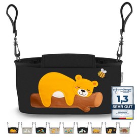 GRINSEZWERGE Pram Organiser 12 Designs with Wet Wipe Dispenser I Pram Bag with Shoulder Strap I Children's Buggy Organiser I Pram Bag Storage Bag Baby Stroller Bag Black Bear
