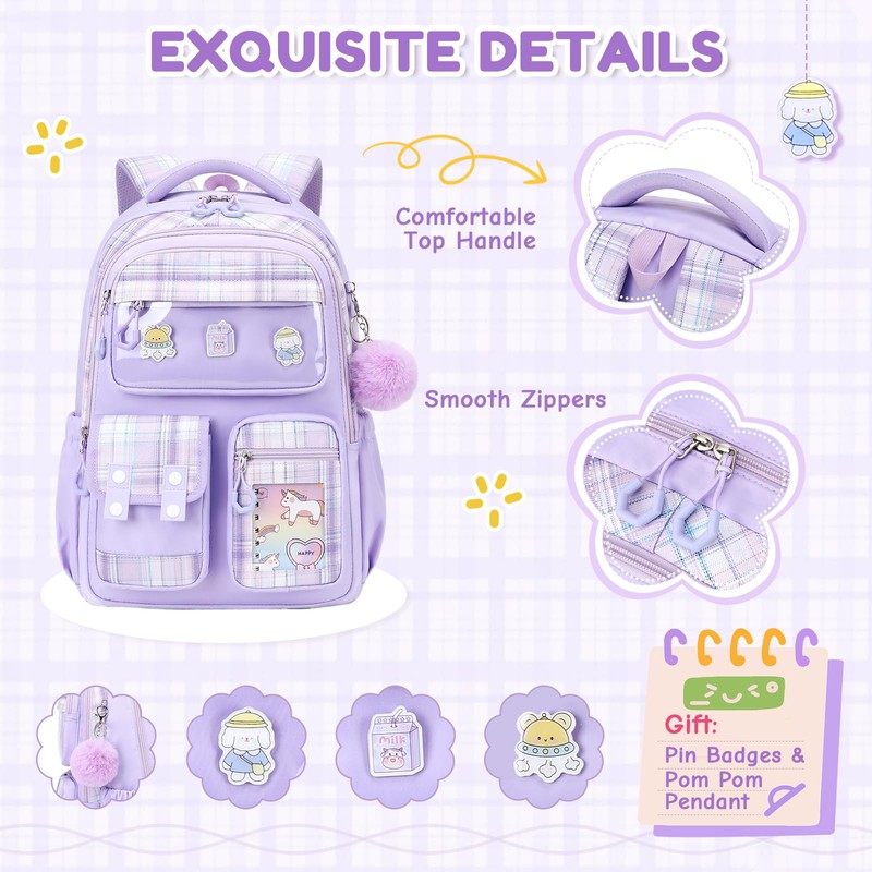 QIXIHU Kids Backpack for Girls, Bookbag for Elementary Students Kawaii