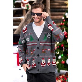 Adult Ugly New Year V-Neck Cardigan Warm Soft Reindeer Coatigan Winter Gifts Grey Casual Festive Santa Claus Sweater S