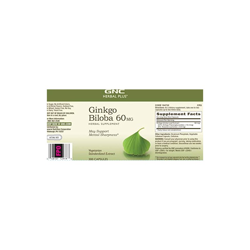 GNC Herbal Plus Ginkgo Biloba 60mg Supplement, Vegetarian, Supports Mental