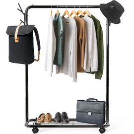 Simple Houseware Industrial Style 50.4" W Clothing Rack with Wheels and Hooks, Black