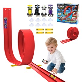 Puniama 5M Flexible Car Track Set with 4 Alloy Cars, 8 Suction Cups & 4 Bases – DIY Loops, Ramps & Gravity-Powered Racing Track, Birthday Gift for Kids 3-8 (Red)