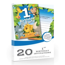 Olivia Samuel 20 x 1st Birthday Party Jungle Themed Animal Invitations from Ready to Write with Envelopes
