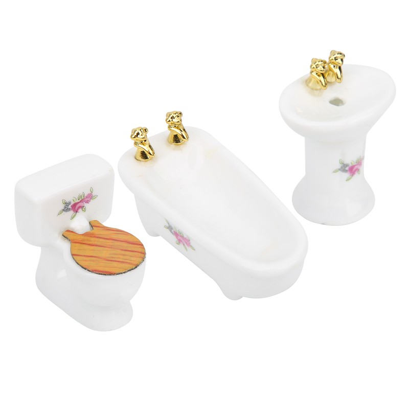 1/24 Dollhouse Miniature Bathroom Set Simulation Ceramic Bathtub Toilet Sink