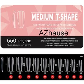 AZhause Nail Tips, Soft Gel, Transparent, Extra Long, Full Cover, Break Resistant, Pre-Shaped, False Nail Tips - Ready to Apply (T-Shape, Medium)