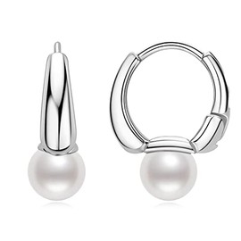 Sterling Silver Pearl Hoop Earrings for Women, Freshwater Small White Pearl Drop Earrings Dainty Jewelry Gifts for Her