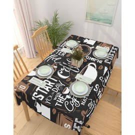 LOVE HOME DAY Rectangle Waterproof Table Cloths Cartoon Theme Coffee Cup Beans Tablecloths Topper Cover Brown Black Kitchen Dining Tablecloth for Indoor Outdoor Wedding Tables