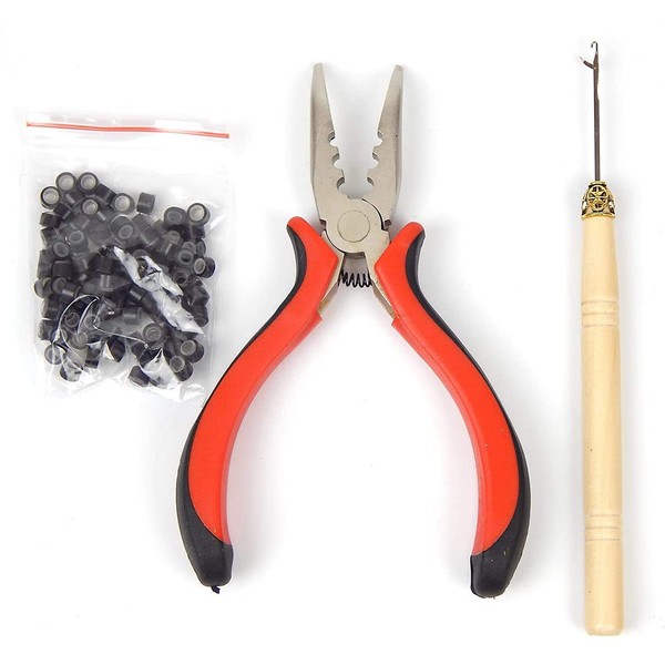 Professional Hair Extension Tool Pliers Hook Needle With 100PCS 5mm Micro Silicone Rings Beads