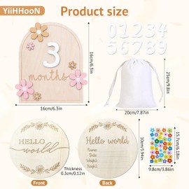 YiiHHooN Baby Monthly Milestone Cards, 2 Pcs Baby Milestone Cards with Storage Bag and Sticker, Wooden Birth Baby Announcement Sign Hello World Sign for Daily Use