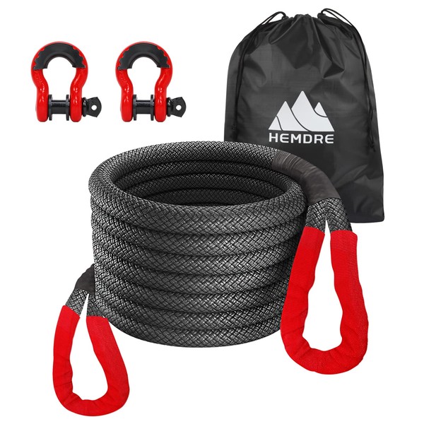 HEMDRE 1" x 30' Kinetic Recovery Tow Rope (36,500lbs), with 2 D Ring Shackles (41,500lbs), Tow Rope for Truck Heavy Duty, Offroad Recovery Kit for 4WD Pick Up Truck, SUV, ATV, UTV (Black)
