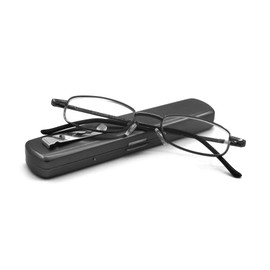 EYE ZOOM Lightweight Portable Metal Reading Glasses with Pocket Case for Men Women, Black, +2.25 Strength