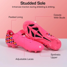 Joybut Soccer Cleats for Kids & Youth | Lightweight Football Shoes for Firm Ground | Durable Girls & Boys Soccer Cleats with Non-Slip Sole | Comfortable Soccer Boots | Unisex Size 11-6 Hot Pink
